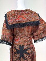 Antique Paisley Tapestry Kashmir Robe or Jacket Red Orange Fringe AS IS