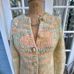 vtg 50s 60s ROSANNA Italy Mohair Rainbow Pastel Cardigan Sweater Hand Knit S/M