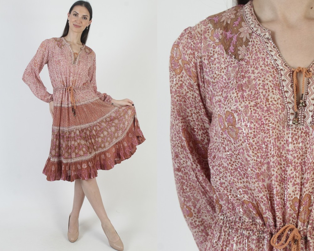 Vtg 70s India Gauze Dress Metallic Cotton Block Print Pakistan Batik Sundress