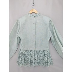 Vintage Cloak of Many Colors Blouse 16 Sage Green Linen Lace Pleated Peplum