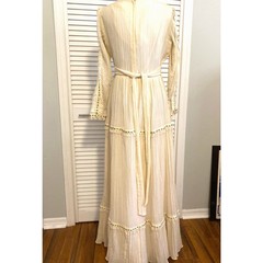 1970s Gauzy Tiered Off-white Maxi Maiden Dress Boho lace trim vintage