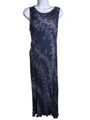 Vtg 90s Nostalgia Navy Blue Midi Slip Dress~L~Rayon Crepe Bias Cut Grunge Femme