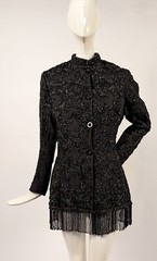 VICTORIAN 1880’S VERY HEAVY WOOL BUSTLE JACKET W FLORAL JET BEAD + FRINGE