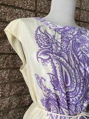 Vintage 1960s Sacony ivory dress with purple paisley mod summer polyester retro