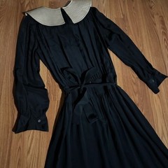 Saint Romei Vintage 80’s Silk Black Long Sleeve Collared Dress Retro Goth Y2k