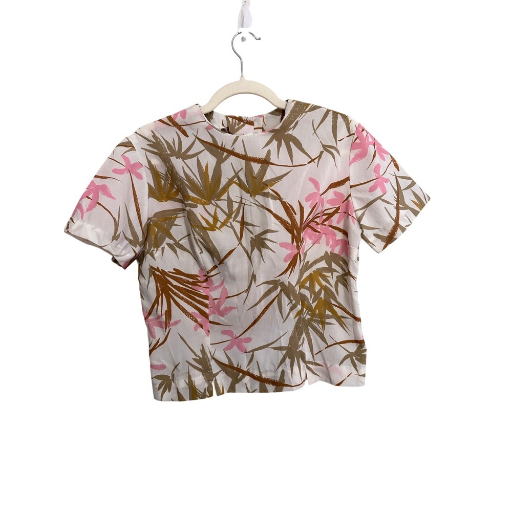 Rhoda Lee Blouse Women 34 White Pink Vintage Bamboo Floral Button Short Sleeve