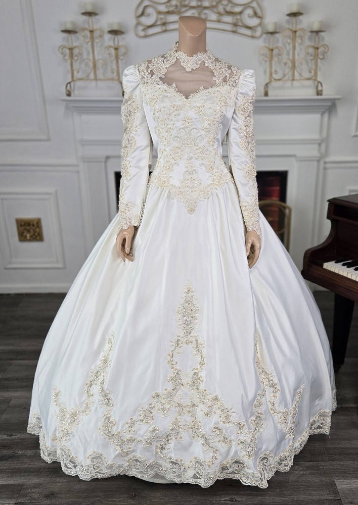 Alfred Angelo Vintage 80s 90s White Satin Long Sleeve Wedding Dress sz 14