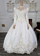Alfred Angelo Vintage 80s 90s White Satin Long Sleeve Wedding Dress sz 14