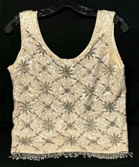 VTG 60’s Ivory Sequin&Beaded Sleeveless Cocktail Top~Tasseled Hem~Back Zip~Sz 12