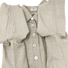 CHANEL Vintage CC Logo Button Up Shirt Blouse Top Beige Front Pocket Wool