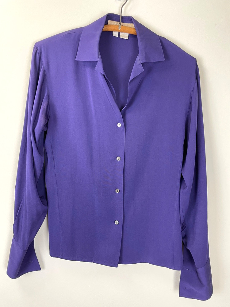 Vintage Perry Ellis Portfolio Silk Blouse Size 4 French Cuff! Full Button Purple