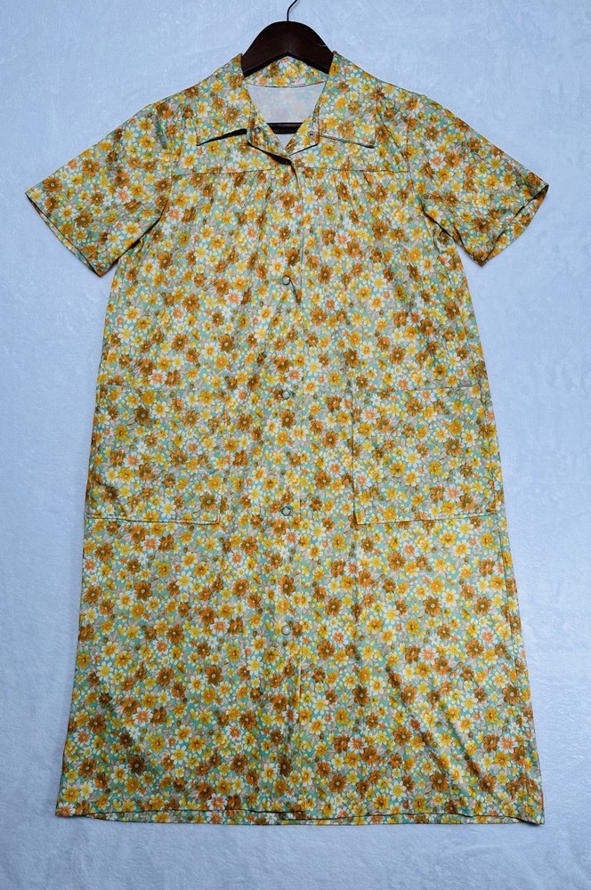 Vtg 60s 70s Floral House Coat Snap Front Bright Mumu Sz M Nightgown Made In USA