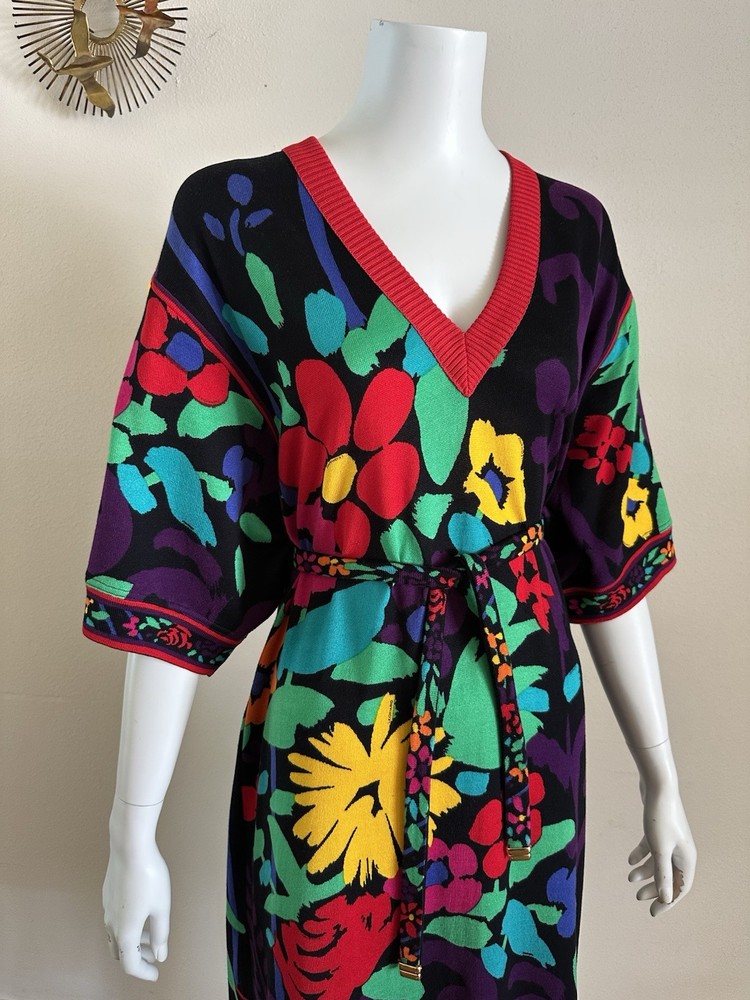 1980s Leonard Studio Italy Cotton Knit Floral Dress Hidden Logo Belted Pop Art