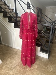 Jack Bryan NWT 70s Raspberry Pink Voile & Gold Embroidery Blouson Maxi Dress S