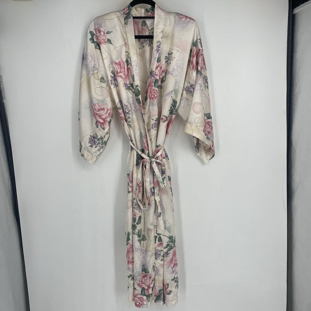 Vintage 90s Adonna Satin Robe Floral White Pink Romantic Belt Large