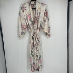 Vintage 90s Adonna Satin Robe Floral White Pink Romantic Belt Large
