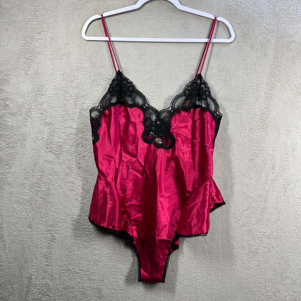 Cacique Escapades Bodysuit Womens M Pink Vintage Lace Satin Teddy Lingerie