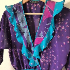 Vintage Diane Freis Purple Teal Georgette Ruffle Wrap Midi Dress 80s Housewife