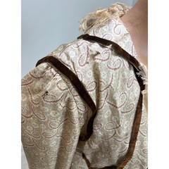 Antique Victorian Beige Printed Silk Two Piece Set Velvet Trim Net Lace Smocking