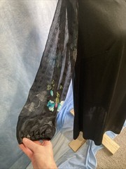 Vtg 60s British Lady Black Union Made Poly Dress Sheer Floral Sleeves 18.5 P M/L