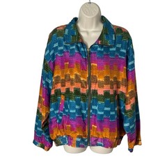 East West Silks Vintage Multicolor Geometric Silk Jacket Zip Front Small