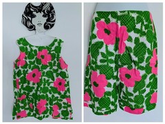 Vtg Made in Hawaii Hawaiian Bright Green Pink Flowers 2pc Set Playsuit 70s L/XL