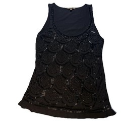 Adrienne Vittadini Beaded Sequin Shell Tank Top Black L Y2K Evening Party