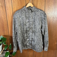 Vintage Alexandria Mock Neck Blouse Black Tan Geometric Abstract Print Top
