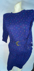 VTG 60S 70S WOMENS BLUE POLKA DOT BUTTON BELTED PARTY FUN CUTE RAYON DRESS