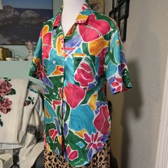 Vintage Russ Petites Abstract Floral Button Blouse Pink Blue Short Sleeve 14