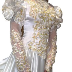 Alfred Angelo Pearl Beaded Satin w/Lace White Lng Sleeve Wedding Dress 12′ Train