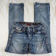 Rock Revival low-rise Y2K light wash denim distressed bootcut jeans grunge