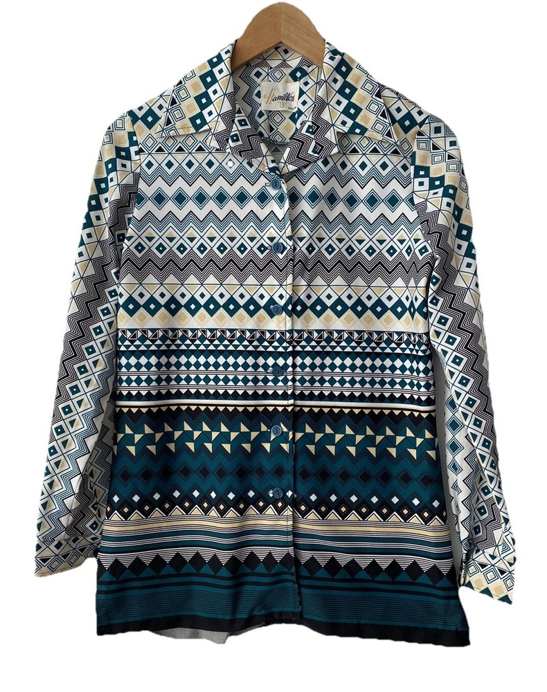 VTG 60s 70s Hamilton 8 Dallas Geometric Long Sleeve Disco Shirt SZ M Hippie Mod