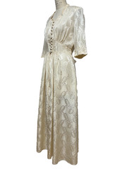 1940s Flobert Hostess Gown Maxi Dress Rayon Damask Ecru Taffeta Old Hollywood M