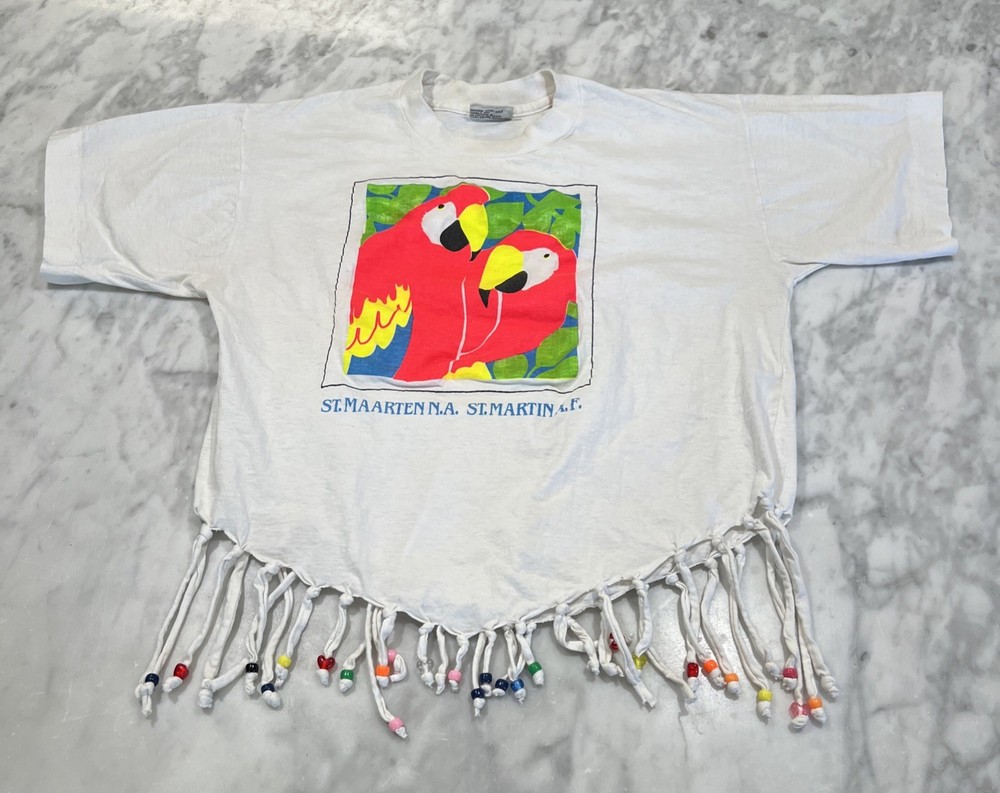 Vintage St Maarten T Shirt Women’s M Fringe Beaded Neon Parrots Single Stitch