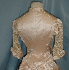 Victorian Antique Wedding Bustle Dress 1880 Satin & Blonde Lace Trim / Label