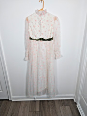 Vtg 70’s Prom Dress White w/ Pink Flocked Roses Green Velvet Belt High Waist