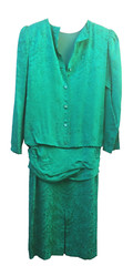 Vintage Dress SIZE 10 green jacquard SILK Silk Studio 80s drop waist LONGSLEEVE