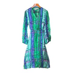 Vintage Anne Crimmins UMI 100% Silk Midi Dress Green Blue Bell Sleeve Size 8