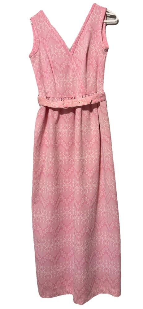 Vintage Women’s Toni Todd Pink Textured Sleeveless Formal Maxi Dress With Belt