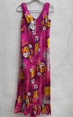Vintage 60s Alfred Shaheen Hawaii 10 Long floral dress Neon Pink Barkcloth