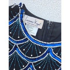 Laurence Kazar Beaded Silk Top Women M Blue Black Vintage Sequin Good Scalloped