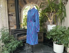 Vintage 1980s Blue and Fuchsia Polyester Knit Shirtdress “The Shirtdress” Sears