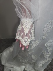VTG 1970s Beaded Wedding Dress High Neck Illusion Lace Angel Sleeve ILGWU Train