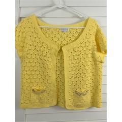 Vintage Yellow Crochet Cardigan Short Sleeve Sequin Pockets Large