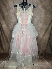 Vintage 1950s Cupcake Lace Tulle Party Dress Valentine Pink Ivory Beaded S