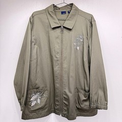 Vintage 90s Green Embroidered Silver Floral Smock Jacket Y2K Basic Editions 3X