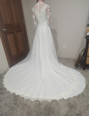 VTG 1970s Beaded Wedding Dress High Neck Illusion Lace Angel Sleeve ILGWU Train