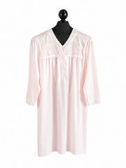 Vtg Womens Pink Embroidered Satin Nightgown Lace Yoke Pleated Long Sleeve Gown