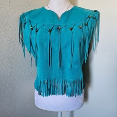 Vintage Pioneer Wear Turquoise Suede Leather Fringe Beaded Western Vest USA Made